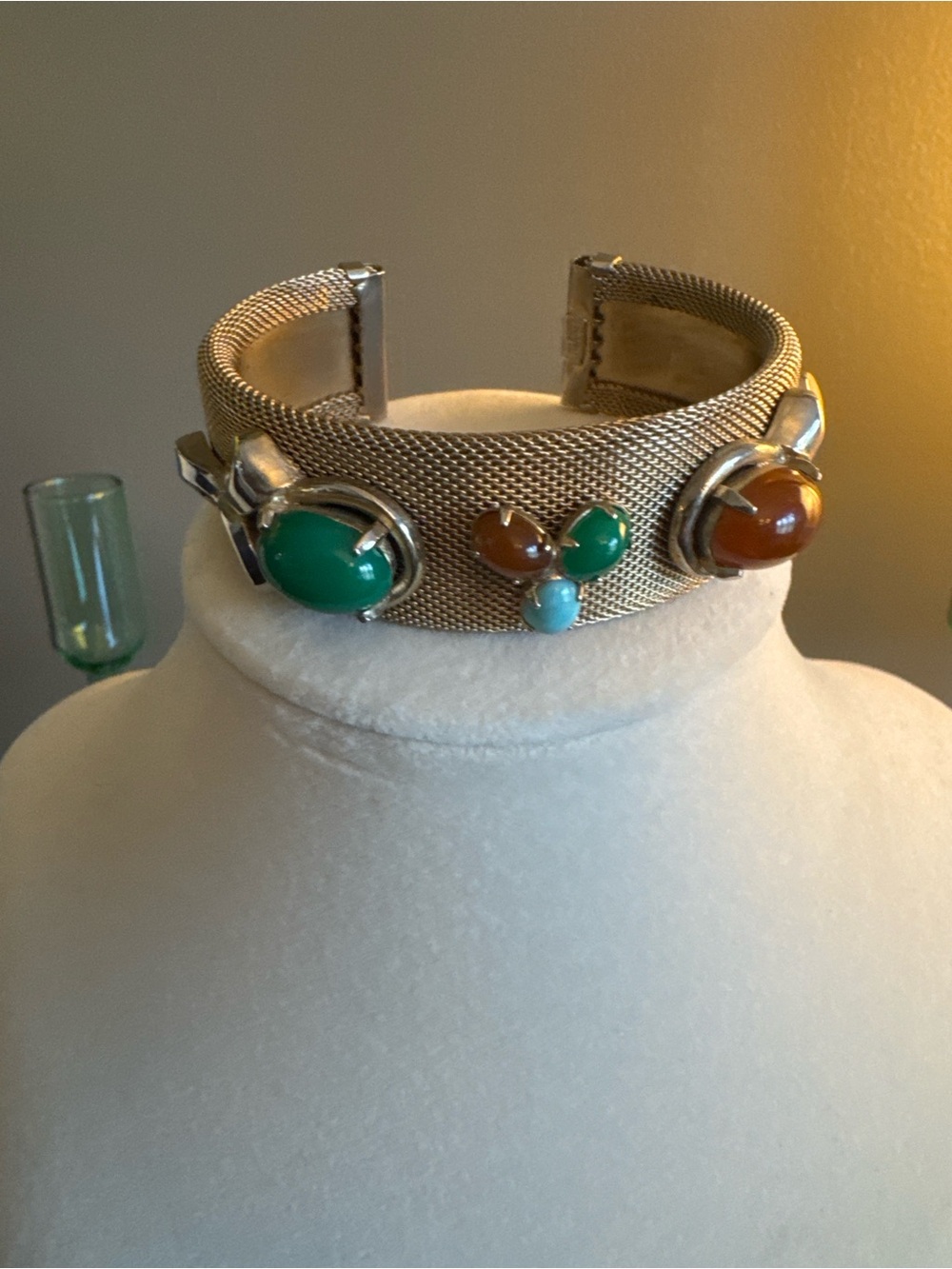 Vintage KARU Mesh Cuff Bracelet Mod Cabochon Statement Piece